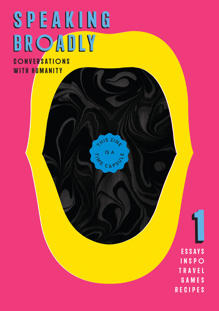 Open mouth with yellow lips filled with black marbling and a bright blue stamp. Hot pink background. Words read Speaking Broadly, Conversations with Humanity.  Essays, Inspo, Travel, Games, Recipes